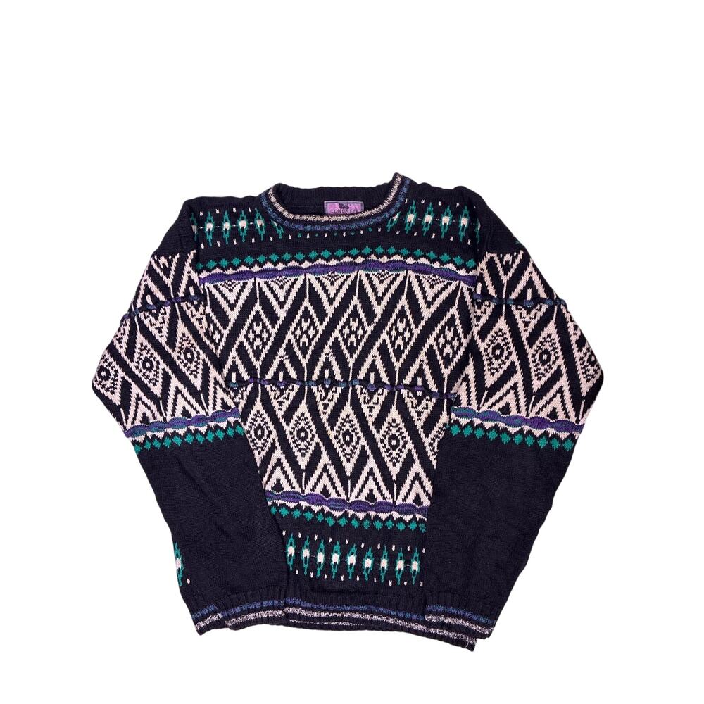 Vintage 90s 3D Chunky Knit Sweater Purple Turquoise Womens Large Retro
